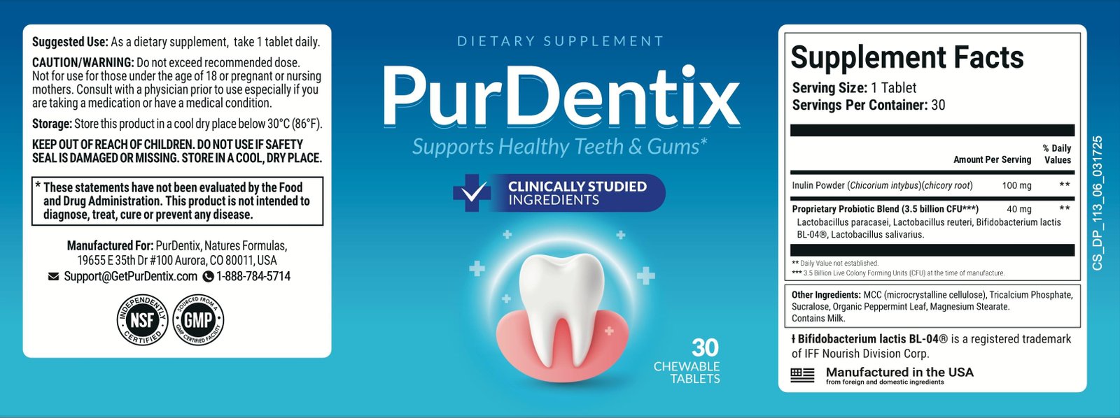 PurDentix supplement facts label panel